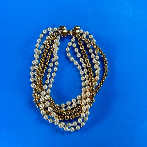 Vintage 80s Carol Lee Multistrand Faux Pearl and Gold Bead Necklace Bow Clasp - Picture 5 of 10